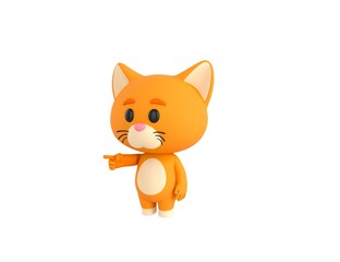 Orange Little Cat character pointing finger to the left in 3d rendering.