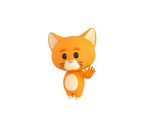 Orange Little Cat character saying hi in 3d rendering.