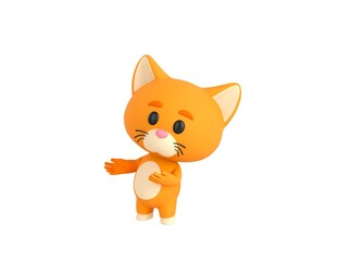 Orange Little Cat character doing welcome gesture in 3d rendering.
