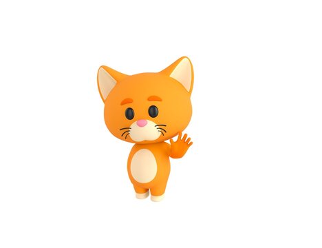 Orange Little Cat Character Saying Hi In 3d Rendering.