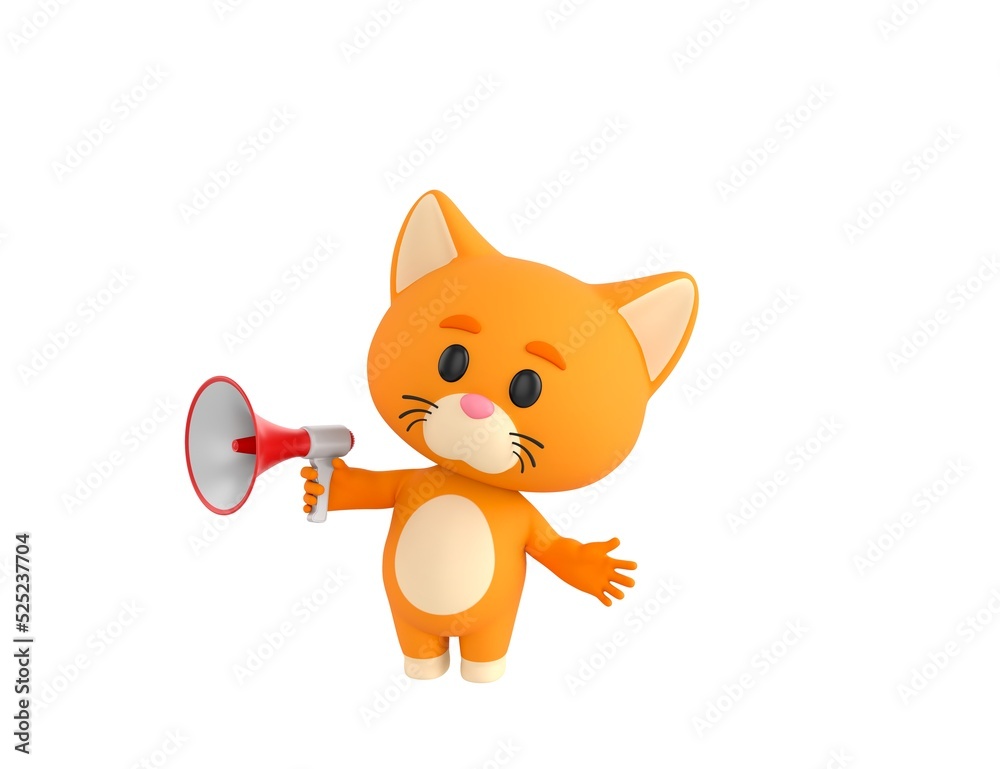 Poster Orange Little Cat character talking in megaphone in 3d rendering.