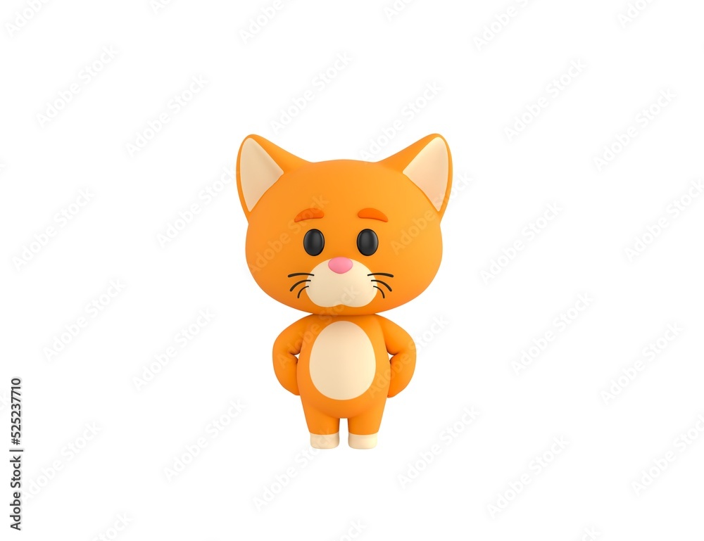 Poster orange little cat character with hands on hip in 3d rendering.