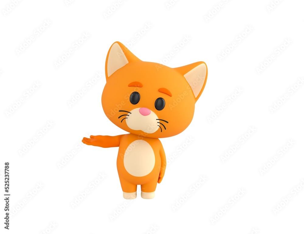 Wall mural Orange Little Cat character looking to camera and pointing hand to the side in 3d rendering.