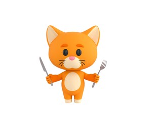Orange Little Cat character holding cutlery in 3d rendering.