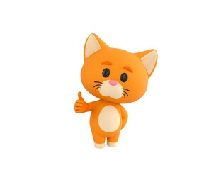 Fototapeta premium Orange Little Cat character showing thumb up with right hand in 3d rendering.
