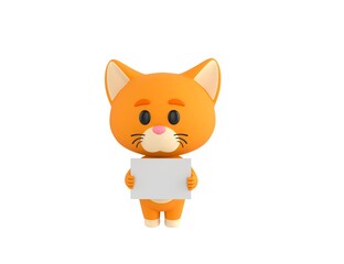 Obraz premium Orange Little Cat character holding a blank billboard in 3d rendering.