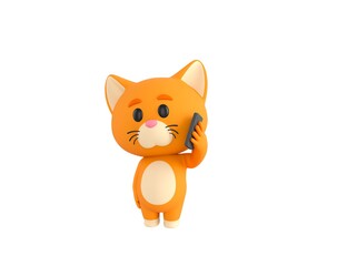 Fototapeta premium Orange Little Cat character holding smartphone near ear in 3d rendering.