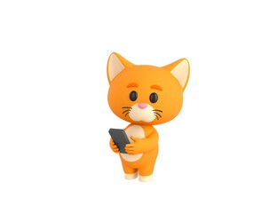 Orange Little Cat character using smartphone and looking to camera in 3d rendering.
