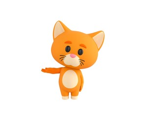 Orange Little Cat character looking to camera and pointing hand to the side in 3d rendering.