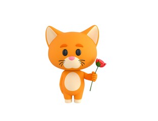 Orange Little Cat character holding flower in 3d rendering.