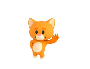 Fototapeta premium Orange Little Cat character hold hand near ear listening rumors in 3d rendering.