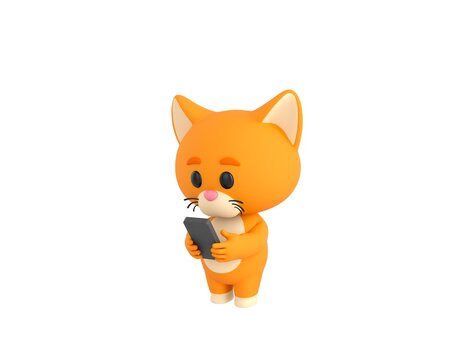 Orange Little Cat character types text message on cell phone in 3d rendering.