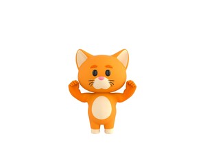 Orange Little Cat character raising two fists in 3d rendering.