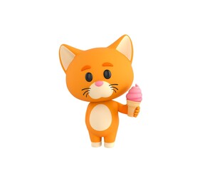 Orange Little Cat character holding strawberry ice cream cone in 3d rendering.