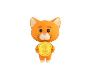 Obraz premium Orange Little Cat character holding golden dollar coin in 3d rendering.