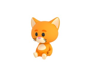 Orange Little Cat character sitting on the ground in 3d rendering.
