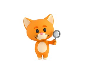 Orange Little Cat character holding magnifying glass in 3d rendering.