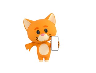 Orange Little Cat character show his phone and give thumb down in 3d rendering.