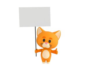 Orange Little Cat character holding a blank billboard and give thumb up in 3d rendering.