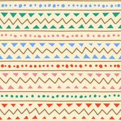 Ethnic Tribal Geometric Folk Indian Scandinavian Gypsy Mexican Boho African Ornament Texture Seamless Pattern Zigzag Dot Line Horizontal Stripes Color Print Textiles Background Vector Illustration