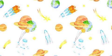 Space seamless pattern on a white background. Saturn, Earth, Jupiter, Moon, Mars, Venus, Sun, astronauts with balloon planets of the solar system, rockets, comets, and stars endless print.