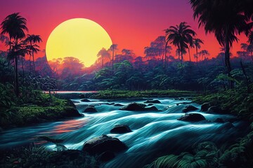 Retro synthwave unexplored amazon jungle river with intense bright hazy 80's reddish orange sunset - tall dense overgrown tropical vegetation and palm trees paradise nostalgia. - obrazy, fototapety, plakaty