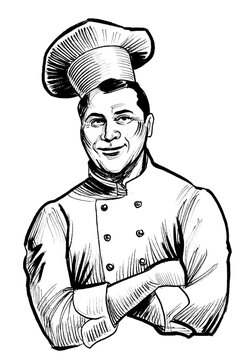 recommend clip art: Restaurant chef character. Ink black and white drawing
