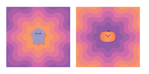 Square card for Halloween. Ghost and pumpkin cards set.