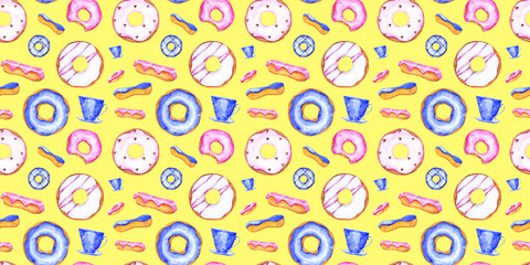 Bakery seamless pattern on a yellow background. Donuts, cupcakes, coffee cups, eclairs, and garlands on an endless print. Watercolor doughnut illustrations. Dessert wallpaper. Birthday backdrop.