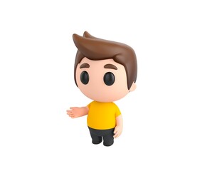 Little boy wearing yellow shirt character introducing in 3d rendering.