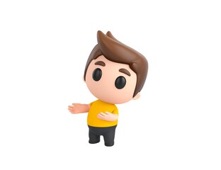 Little boy wearing yellow shirt character doing welcome gesture in 3d rendering.
