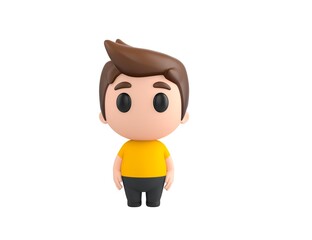 Little boy wearing yellow shirt character standing and looking to the front in 3d rendering.