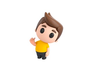 Little boy wearing yellow shirt character pointing back thumb up empty space in 3d rendering.