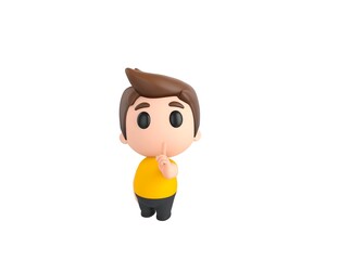 Little boy wearing yellow shirt character holding hand near mouth silence gesture in 3d rendering.