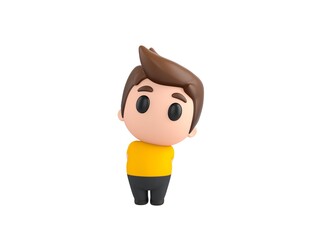 Little boy wearing yellow shirt character hides his hands behind his back in 3d rendering.