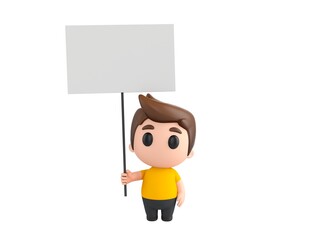 Little boy wearing yellow shirt character holding blank banner in 3d rendering.