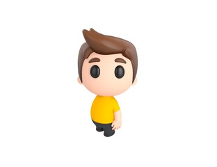 Little boy wearing yellow shirt character standing and look up to camera in 3d rendering.