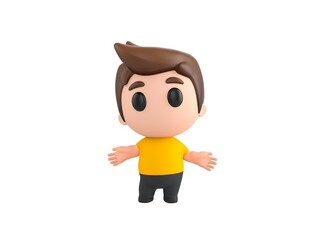 Little boy wearing yellow shirt character spreading his hands in 3d rendering.