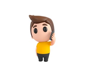 Little boy wearing yellow shirt character holding smartphone near ear in 3d rendering.