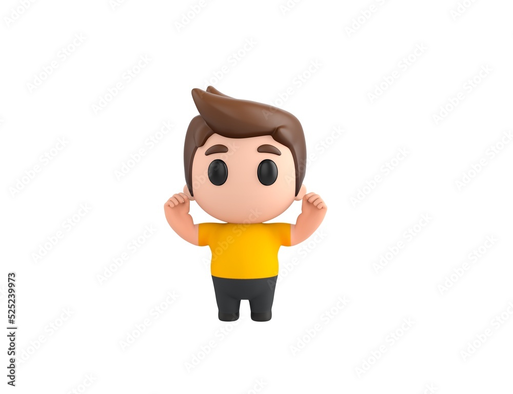 Poster little boy wearing yellow shirt character raising two fists in 3d rendering.