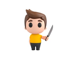 Little boy wearing yellow shirt character holding sharp knife in 3d rendering.