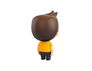Little boy wearing yellow shirt character looking back in 3d rendering.