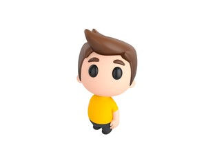 Little boy wearing yellow shirt character standing and look up to camera in 3d rendering.