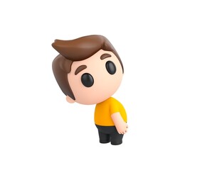 Little boy wearing yellow shirt character looking over shoulder in 3d rendering.