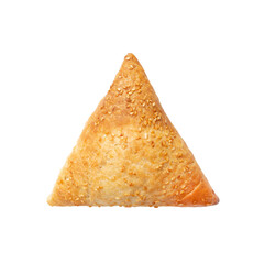 Samsa sprinkled with sesame seeds on a white background. Isolated. Top view.