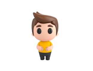 Little boy wearing yellow shirt character keeps both hands on belly in 3d rendering.