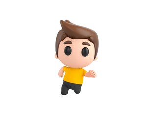 Little boy wearing yellow shirt character running front view in 3d rendering.