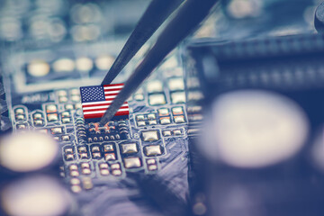 Flag of USA on a processor, CPU Central processing Unit or GPU microchip on a motherboard. Congress passes the CHIPS Act of 2022 to strengthen domestic semiconductor manufacturing, research and design - obrazy, fototapety, plakaty