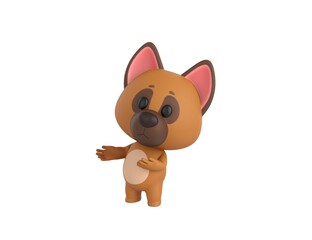 German Shepherd Dog character doing welcome gesture in 3d rendering.