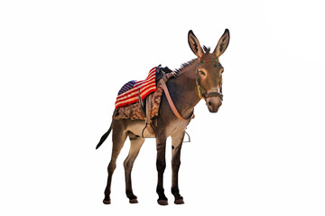 donkey with a saddle in the colors of the US flags is isolated on a white background. The donkey is...